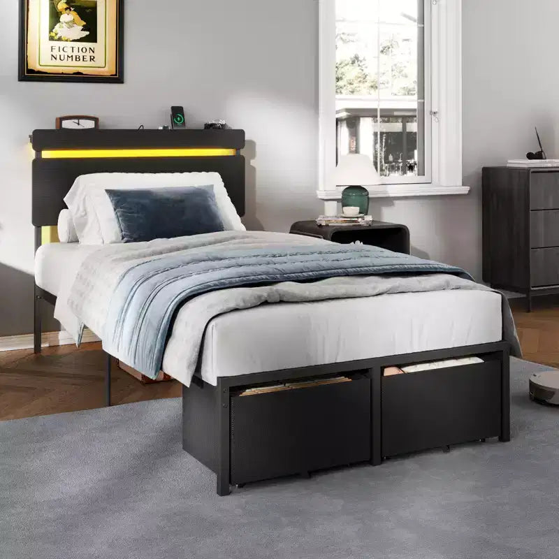 Black Twin Bed Frame with Storage Drawers and Shelf Built in Charging Station LED Lights Metal Platform Support Wood Headboard Industrial