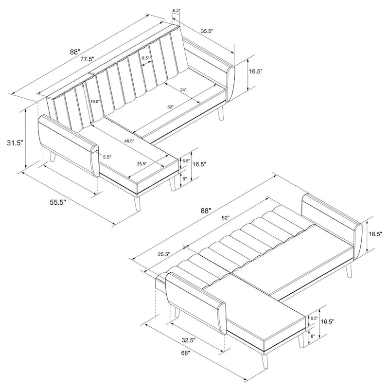 Sectional Futon Sofa Bed, Convertible Sleeper, Modern Living Room Couch