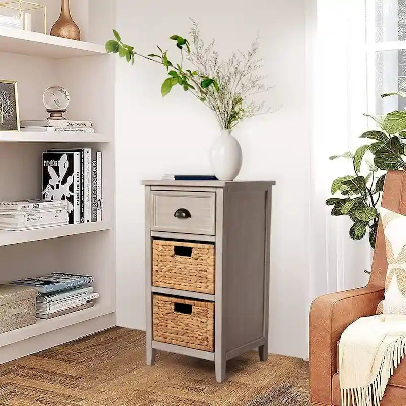 Solid Wood & Water Hyacinth 1-Drawer Grey Accent Cabinet