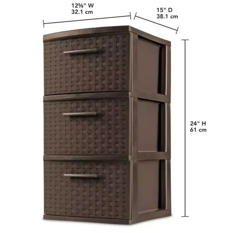 Sterilite 3 Drawer Storage Tower, Plastic Decorative Weave Drawers for Dorm, Closet, Bedroom, or Craft Room Organization, 2 Pack, Espresso