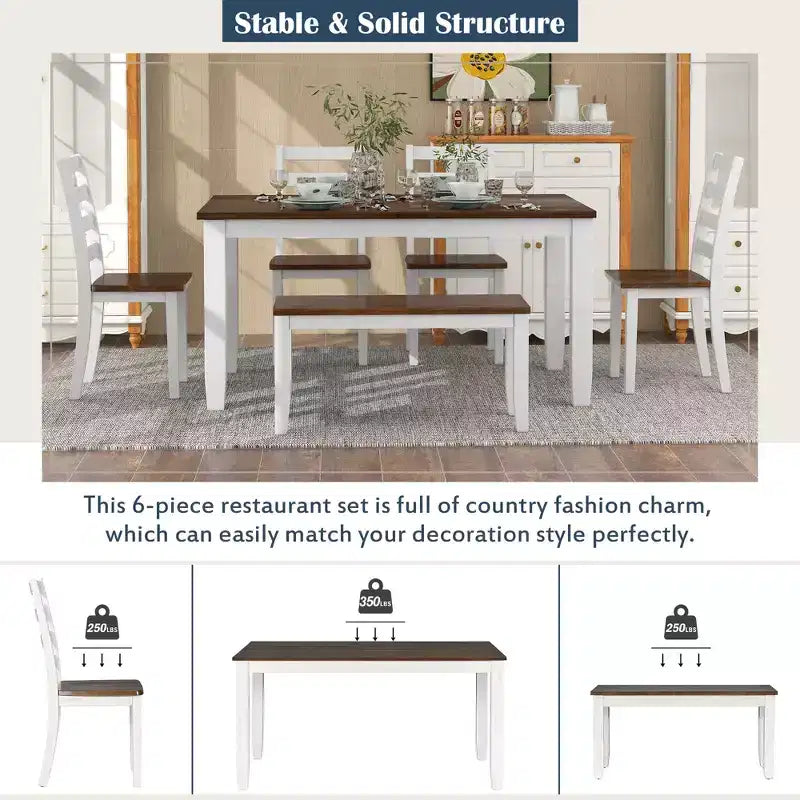 6 PCS Rustic Wood Dining Table Set, Rectangular Table with 4 Chairs & Bench-ModernLuxe