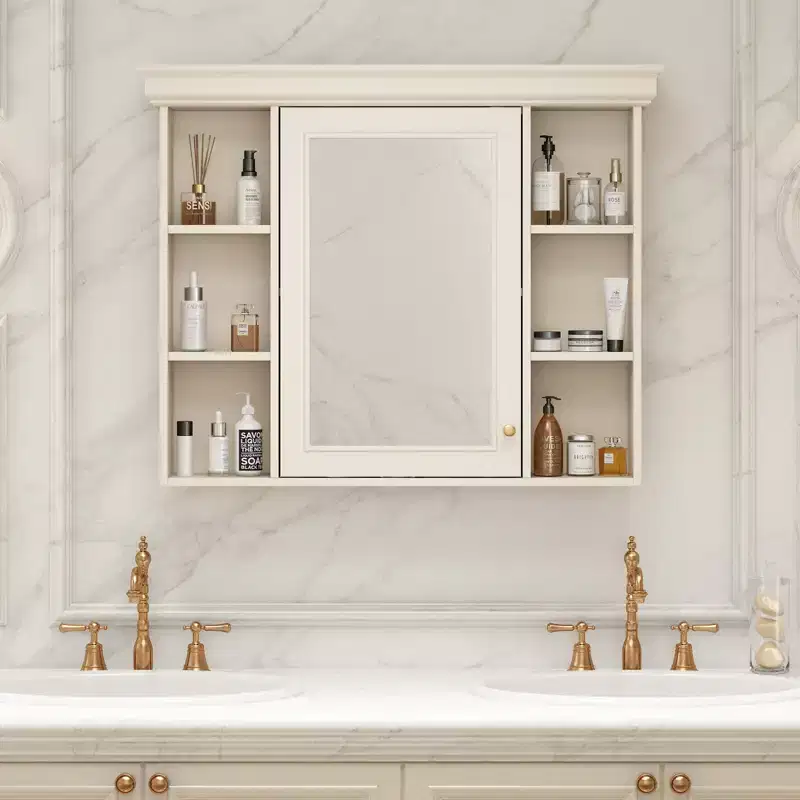 MAYEERTY 28.74 Wall Mounted Bathroom Storage Cabinet with Mirror Door 6 Open Shelves, Modern Bathroom Wall Cabinet Beige