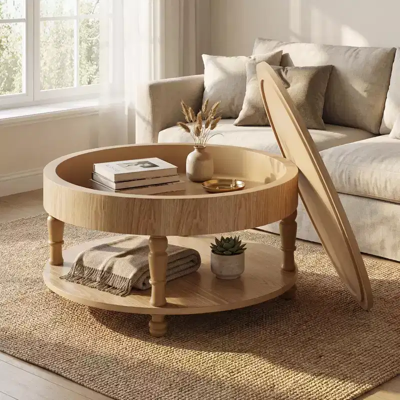 Coffee Table with Dual Storage for Living Room, with Storage and Hidden Compartment, Adjustable Leveling Feet, Natrual Wood