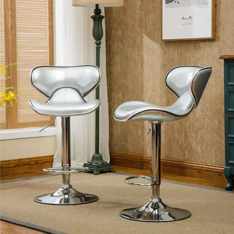 Roundhill Furniture Masaccio Cushioned Leatherette Upholstery Airlift Adjustable Swivel Barstool with Chrome Base, Silver, Set of 2