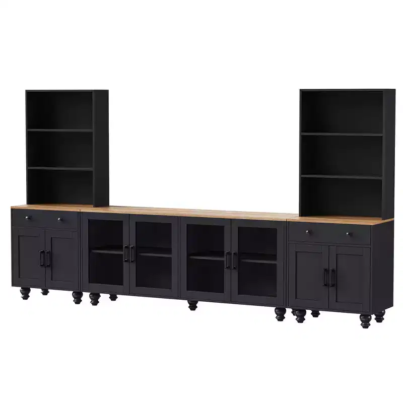 TV Wall Unit for 70 in. TV with Bookshelves and Glass Cabinet Doors, 110W x 15.7D x 63H in.