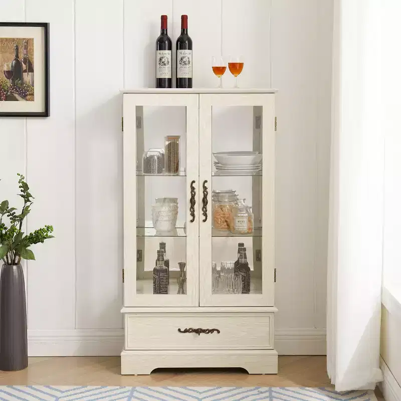 Glass Curio Display Cabinet with Light, Adjustable Shelves, and Vintage Drawer for Home Decor