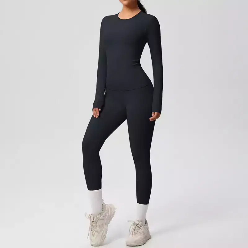 Anna-Kaci Active Women's Long Sleeve Crew Neck Top and High Waist Leggings Set with Slim Fit Design