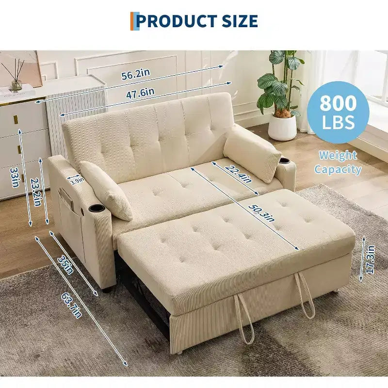 Convertible Sleeper Sofa Bed, Corduroy Futon Couches with Pull-Out Bed, Adjustable Backrest, Charging Port & Side Pockets, Modern Upholstered Sofa