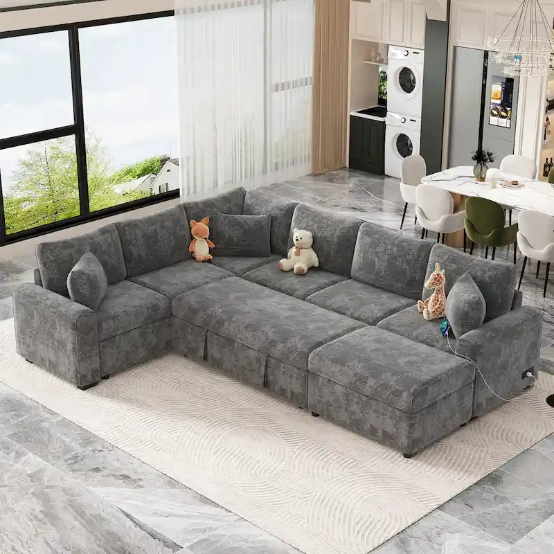 Chenille Sectional Sofa Pull-out Sofa Bed, L-Shape Sleeper Sofa with Storage Ottoman, 3 Pillows and Charging Devices