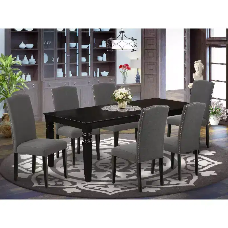 HomeStock 7-Piece Rectangle Black Finish Solid Wood Top Dining Table with 6 Parson-Chairs