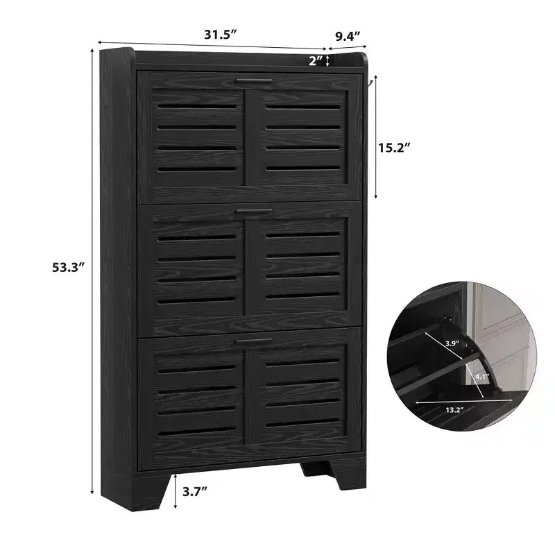Shoe Storage Cabinet with 3 Flip Drawers and 2 Side Hooks, Freestanding Shoe Organizer Storage for Entryway, Farmhouse Hidden Shoe Cabinet, Black