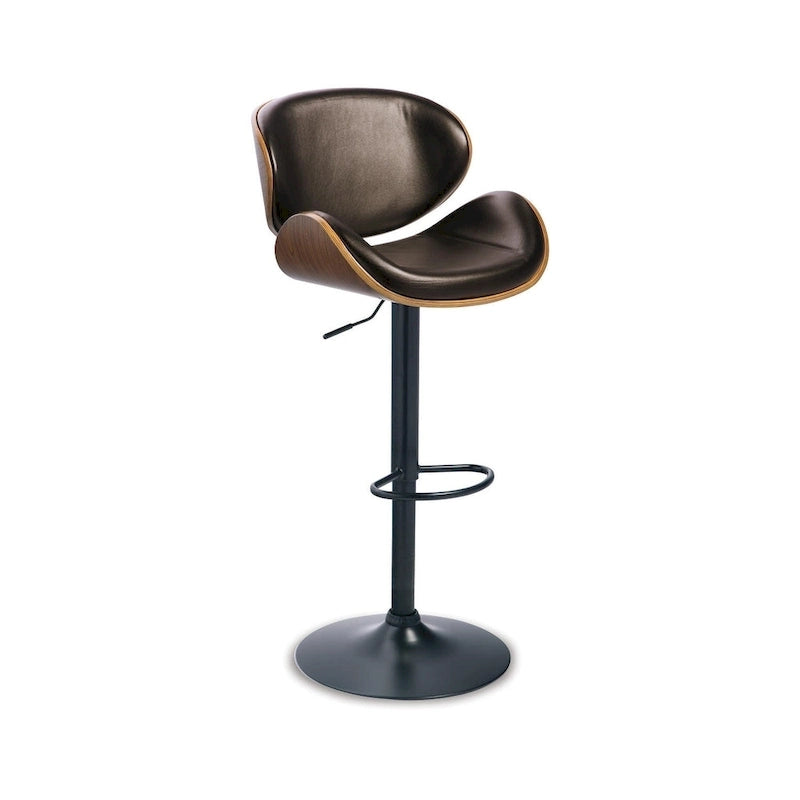 Modern Adjustable Brown and Black Swivel Bar Stool with Faux Leather Seat