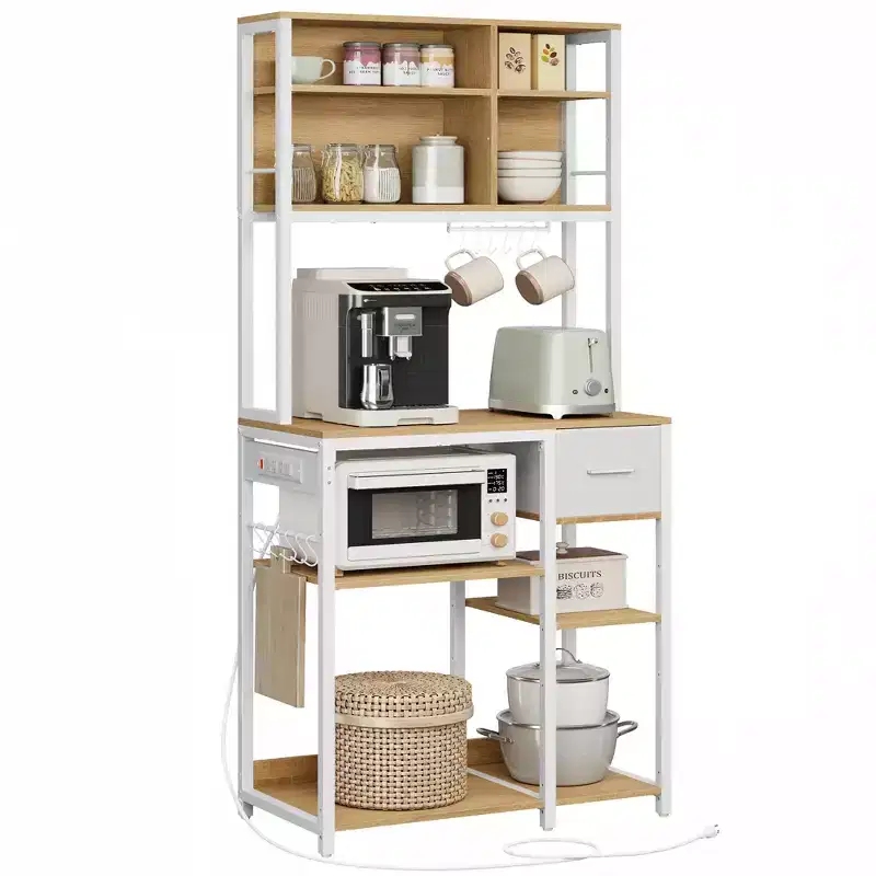 Bakers Rack with Charging Station, Coffee Bar with Adjustable Storage Shelves, Fabric Drawer, 12 Hooks, 15.7