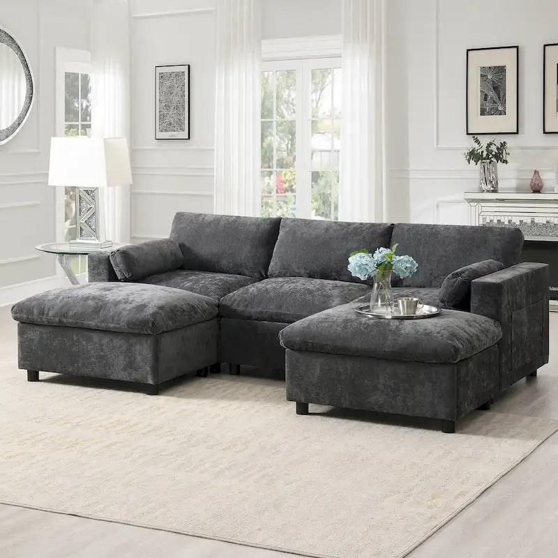 U Shaped Modular Sectional Sofa with Storage Pockets, Pillows, Ottoman