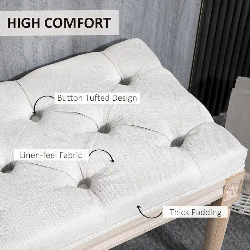 46 in. Upholstered Cream White Bedroom End-of-Bed Bench, Button Tufted with Wood Legs