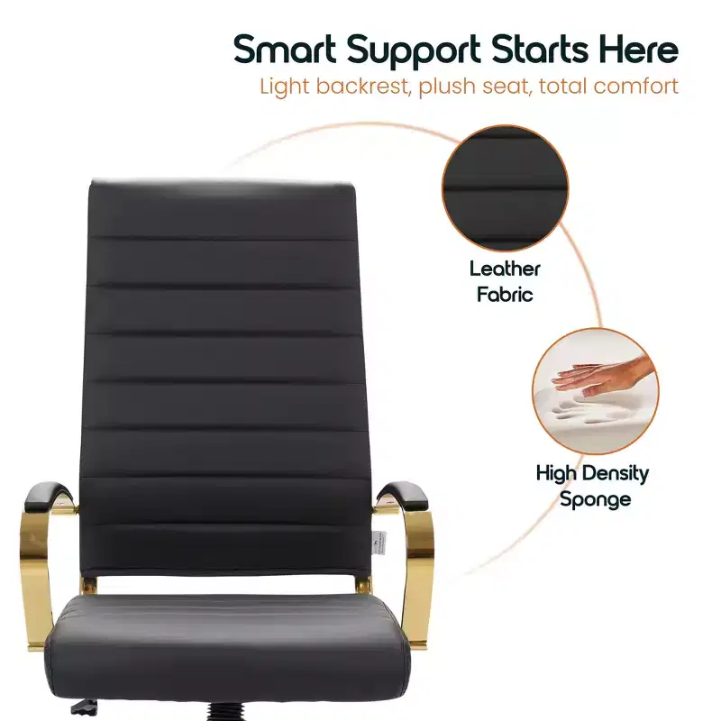 LeisureMod Benmar High-Back Ribbed Leather Office Chair - Modern Swivel & Tilt Executive Desk Chair - Gold Base