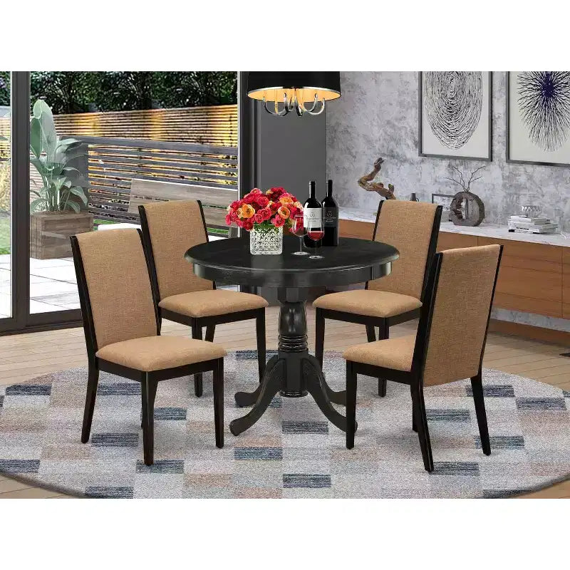 5-Piece Round Wirebrushed Black Finish Solid Wood Top Dining Table with 4 Parson Chair