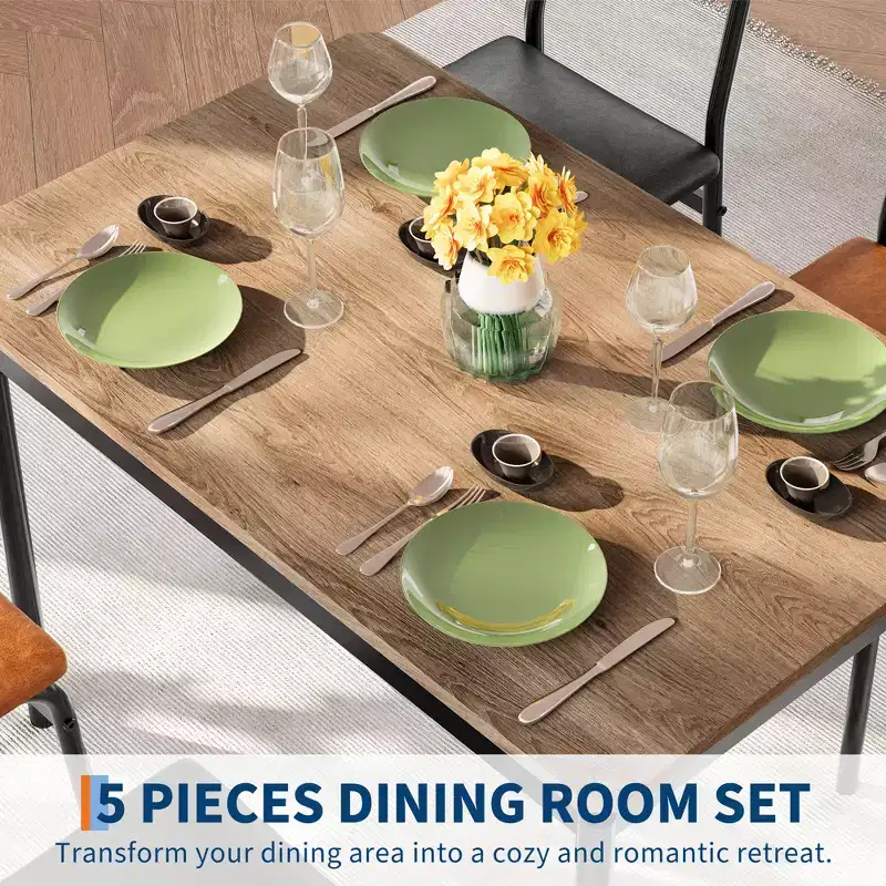 5-Piece Dining Table Set, Brown Wood Grain Tabletop, Mixed Brown & Black PU Chairs, Metal Frame, Space-Saving, Easy Assembly, for Kitchen/Dining Room