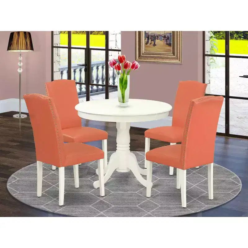 Round Dining Set 5pc - 36 Table & 4 Chairs - Pink Flamingo Linen White - Modern Kitchen Set