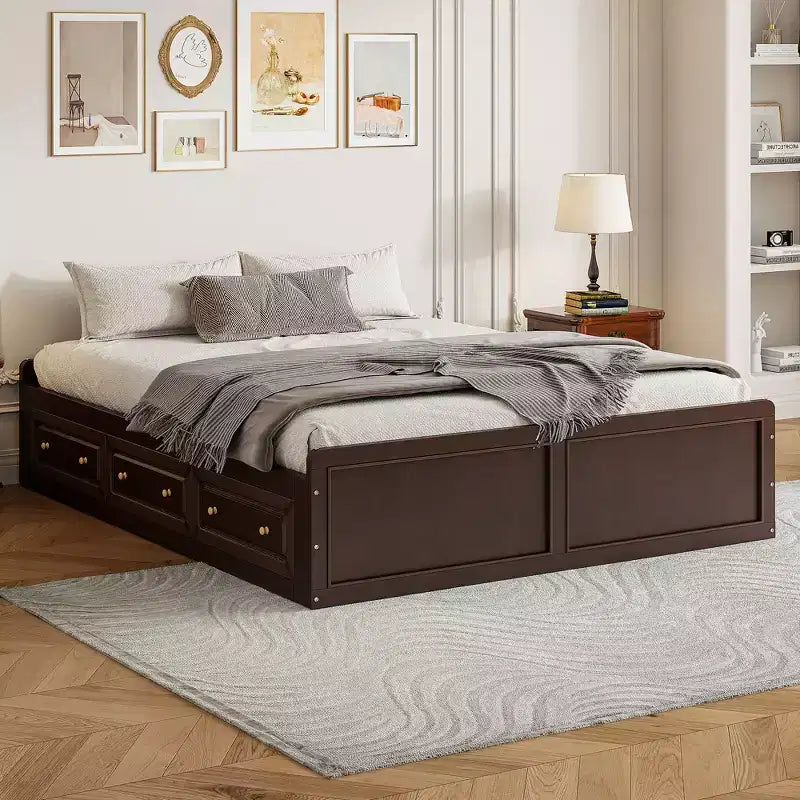 Queen Size Wood Platform Bed, Bed Frame with 6 Drawers -ModernLuxe