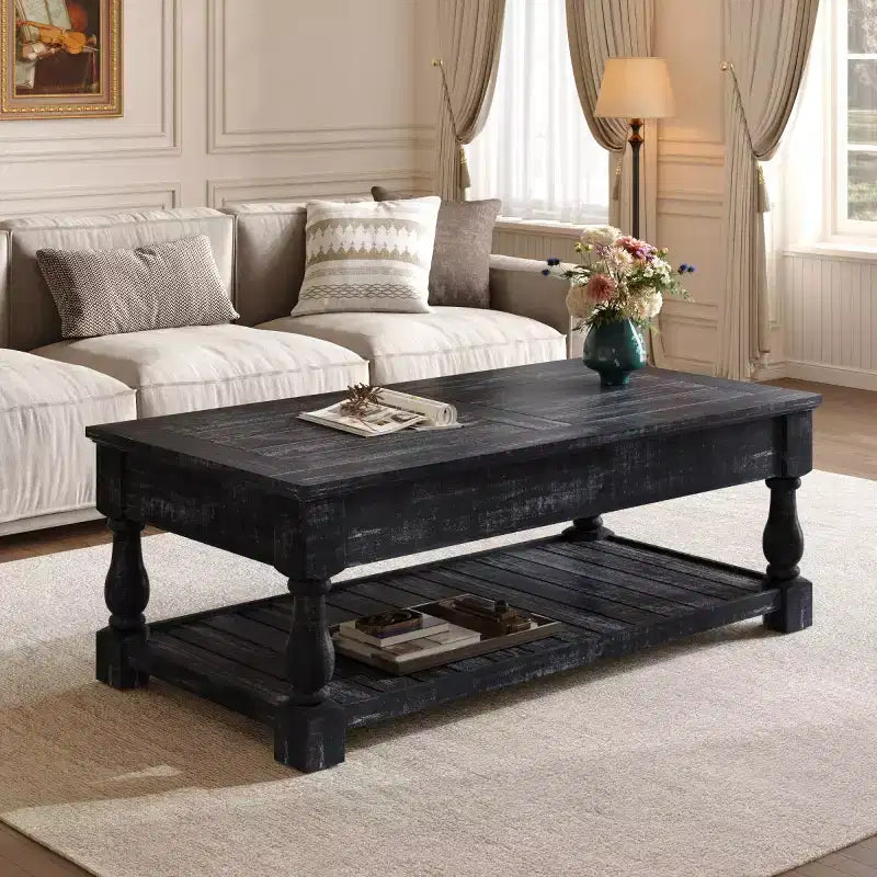 Farmhouse Lift Top Coffee Table with 3 Hidden Storage Trays, Rectangular Two-Tier Center Table for Living Room or Apartment-Panipeachy