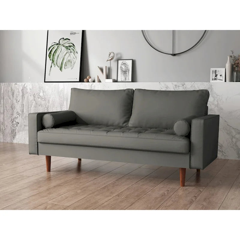 Mid-Century Modern Faux Leather Sofa with Track Arms
