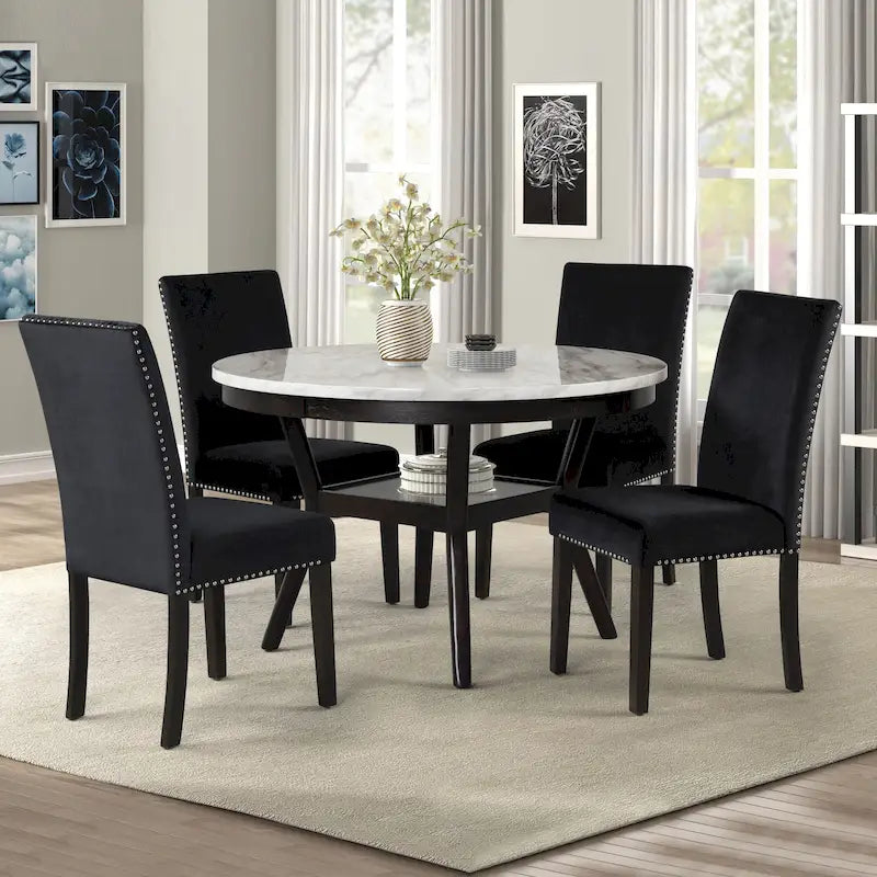 Round Dining Table with Faux Marble Top and Lower Shelf