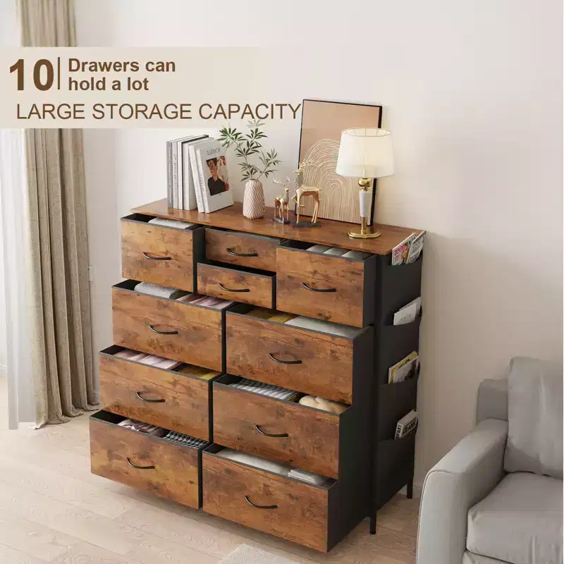 10 Drawer Fabric Dresser Bedroom Storage Organizer Chest with Steel Frame Rustic Brown