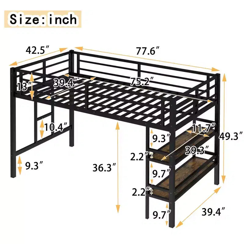 Black Twin Size Metal Loft Bed with Storage Shelf Loft Bed with Easy Climbing Ladder and Guardrails for Kids
