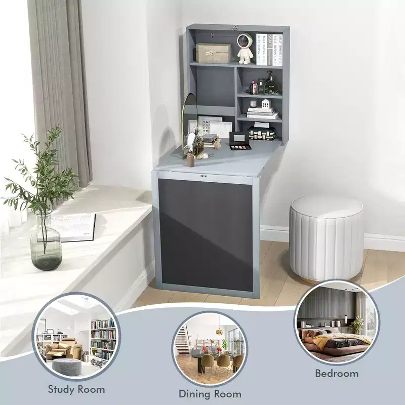 Costway Wall Mounted Table Fold Out Convertible Desk with A Blackboard/Chalkboard Black\Brown\White\Grey
