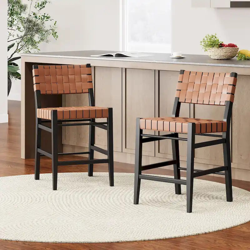 PU Leather Counter Stools, Bar Height Chairs with Woven Back and Rubberwood Frame, Black Brown (2-Pack)