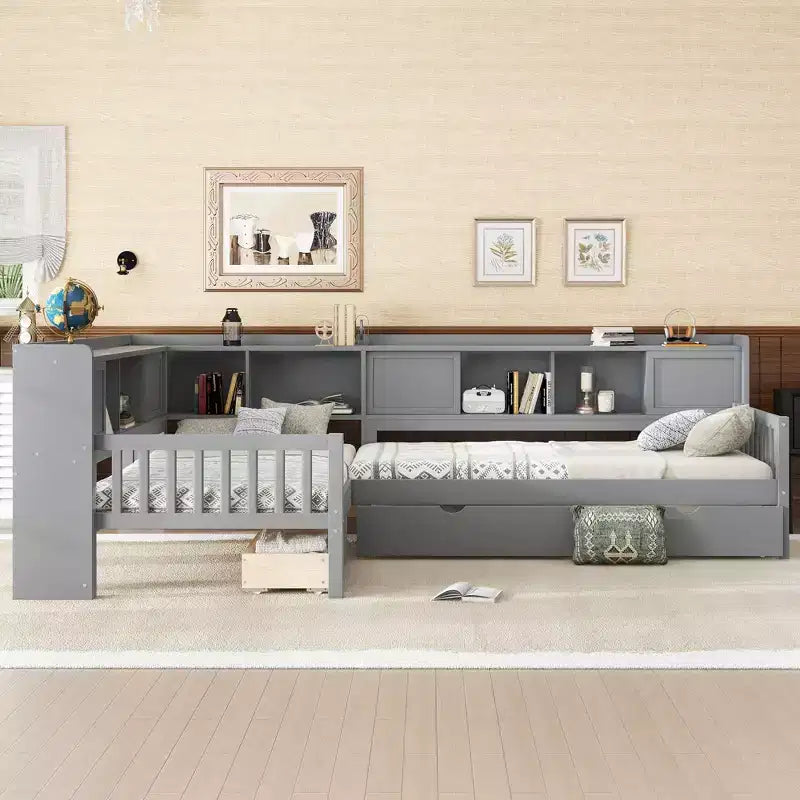 L-shaped Platform Bed Twin Size with Trundle Solid Wood Platform Bed with Storage Drawers and Shelves No Spring Box Needed Grey