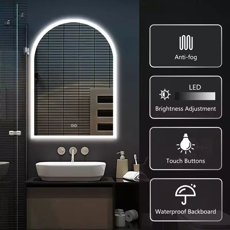 Dovelina LED Wall Mounted Mirror with Anti-Fog Modern Arched Bathroom Vanity Mirror