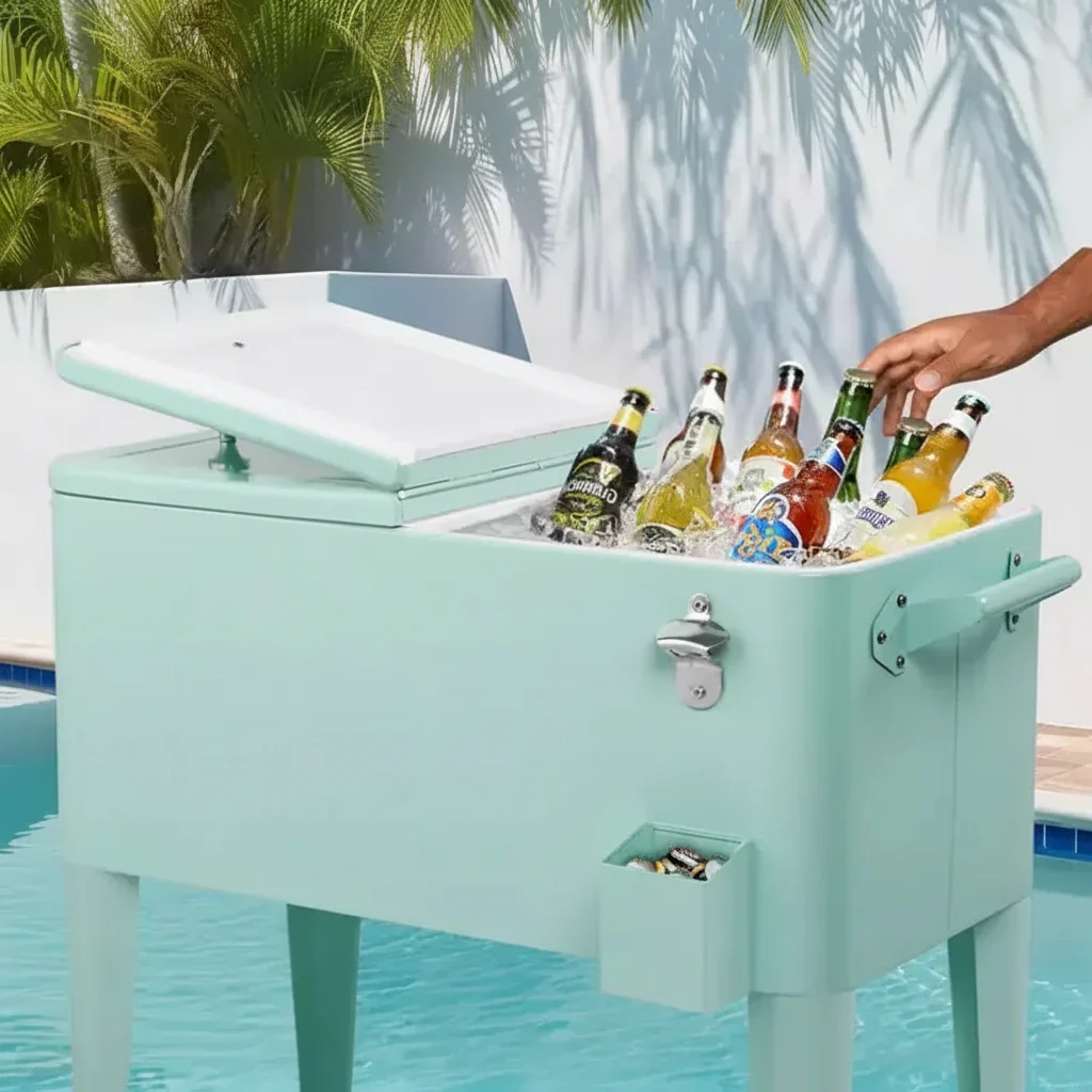 80 Quart Rolling Ice Chest Cooler with Catch Basin and Bottom Storage Tray