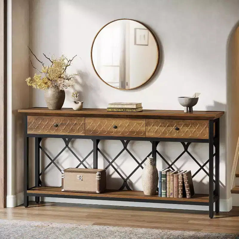 Lantine 70.86 Extra Long Console Sofa Table with 3 Drawers, Industrial 2-Tier Narrow Entryway Table for Living Room, Hallway