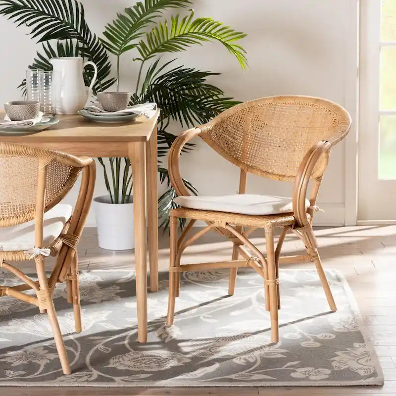 Bohemian Natural Brown Rattan Dining Chair with Removable Cushion
