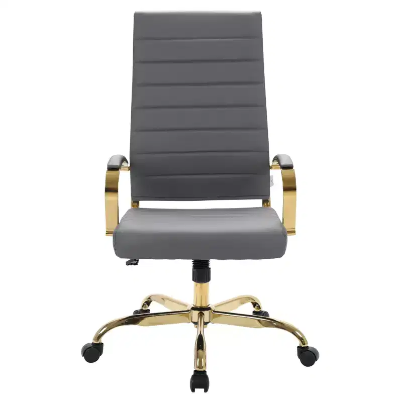 LeisureMod Benmar High-Back Ribbed Leather Office Chair - Modern Swivel & Tilt Executive Desk Chair - Gold Base