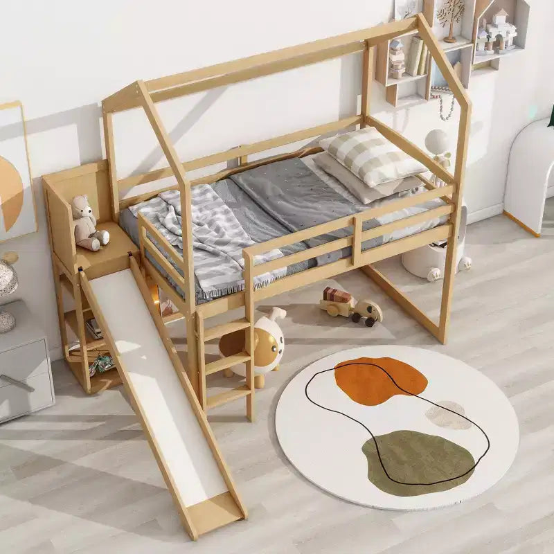 Whisen 96.1''L x 70.7''W Twin Size Wood House Loft bed with Slide, Storage shelves and Light, Safety Guaranteed