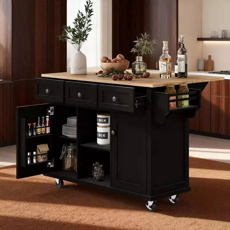 Kitchen Cart with Rubberwood Drop-Leaf Countertop, Rolling Kitchen Island with Storage Cabinet, Internal Door Racks & 3 Drawers, Black