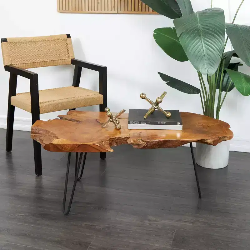 Olivia & May Teak Wood Handmade Live Edge Coffee Table with Black Metal Hairpin Legs Brown