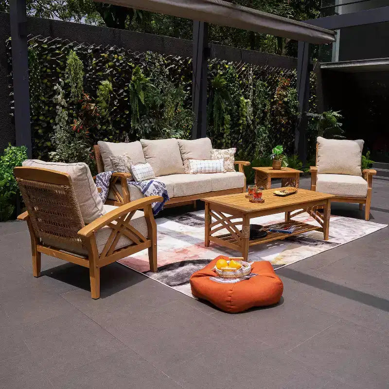 Sonoma Lane Eola 5pc Teak Outdoor Patio Conversation Set with Tan Zippered Cushions – Weather-Resistant