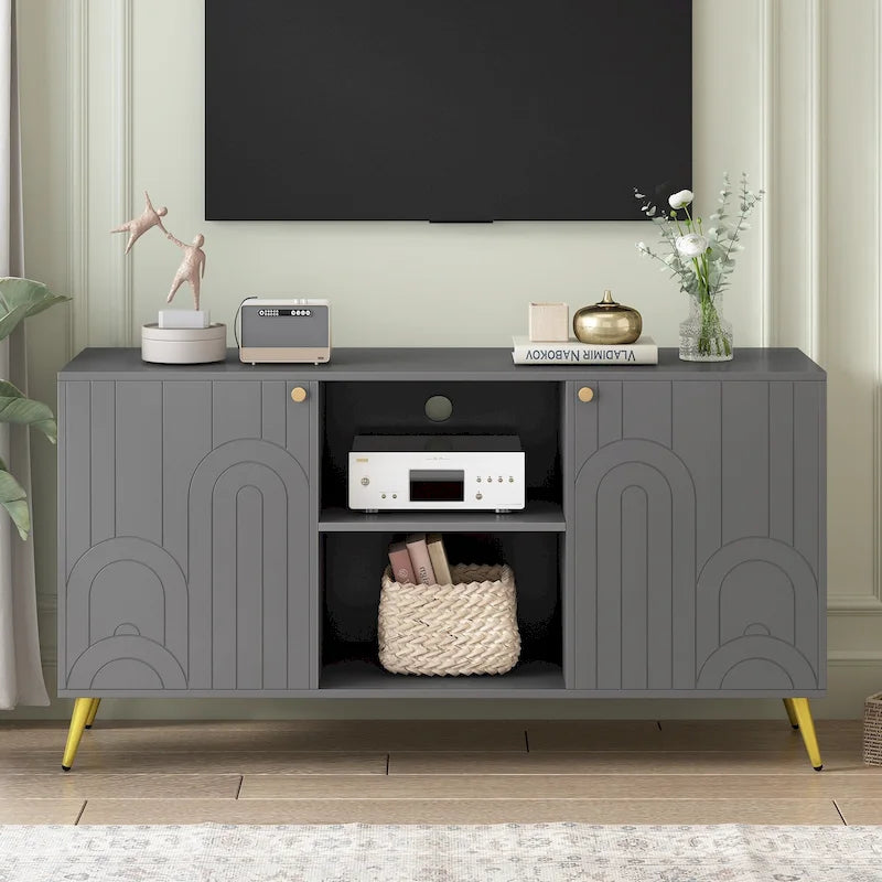 TV Stand for TVs up to 55, with Cabinet Doors and Open Shelves