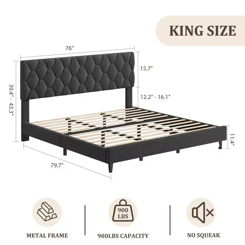 Coolmee Adjustable Upholstered Headboard Platform Bed, Modern Bed Frame with Wooden Slats & Triangular Feet, Easy to Assemble