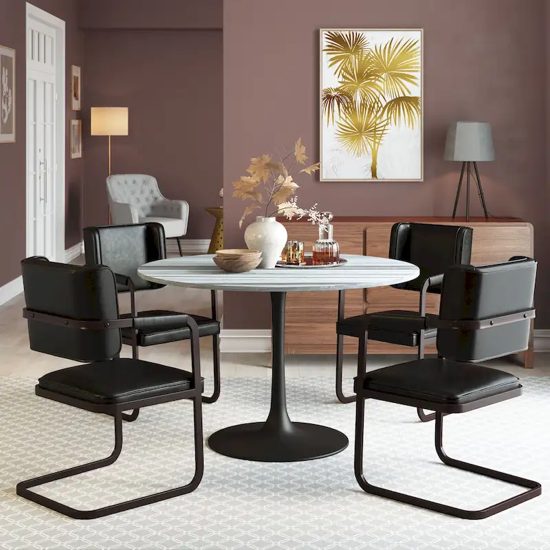 Marble Top Dining Table with Steel Base – Gray & Black