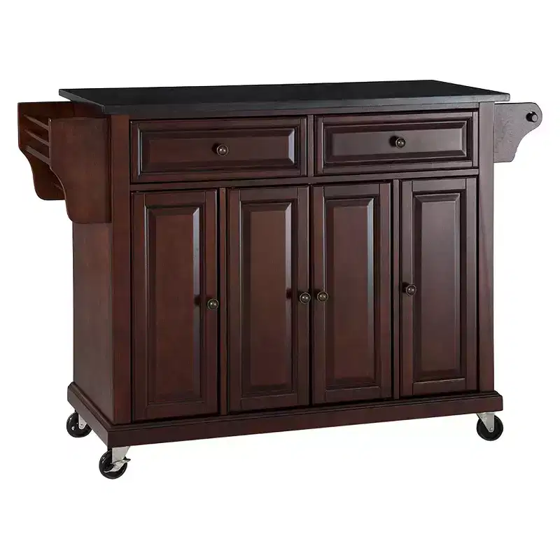 Solid Black Granite Top Kitchen Cart/Island - Vintage Mahogany : Rolling Storage, Towel Bar, 4 Doors
