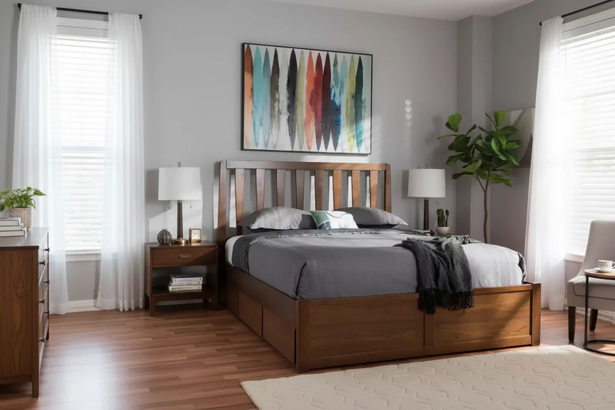 Queen Walnut Storage Platform Bed – 6 Under-Bed Drawers, Slatted Headboard, No Box Spring