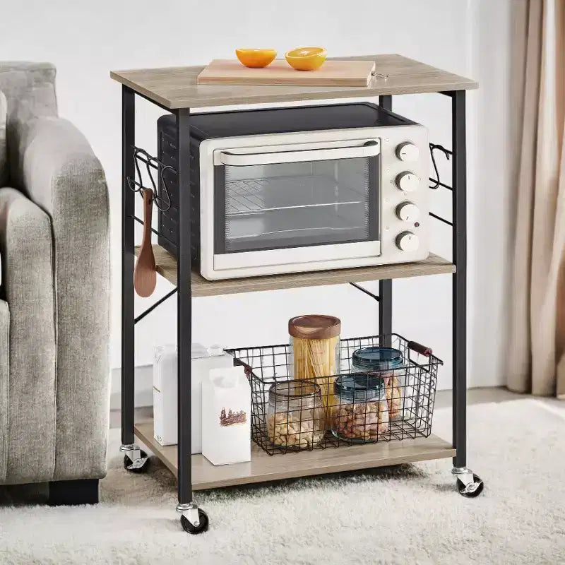 Kitchen Shelf on Wheels, Serving Cart with 3 Shelves, Kitchen Cart, Microwave Shelf, for Mini Oven, Toaster, with 6 Hooks