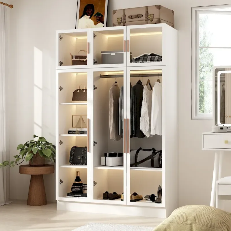 47.2 Wide Armoire LED Light All Glass Door Closet Cabinet Wardrobe