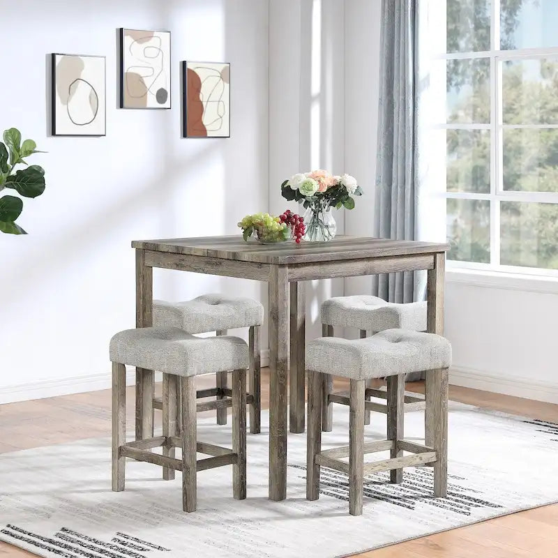 Solid Wood Square Table with Four Upholstered Dining Chairs