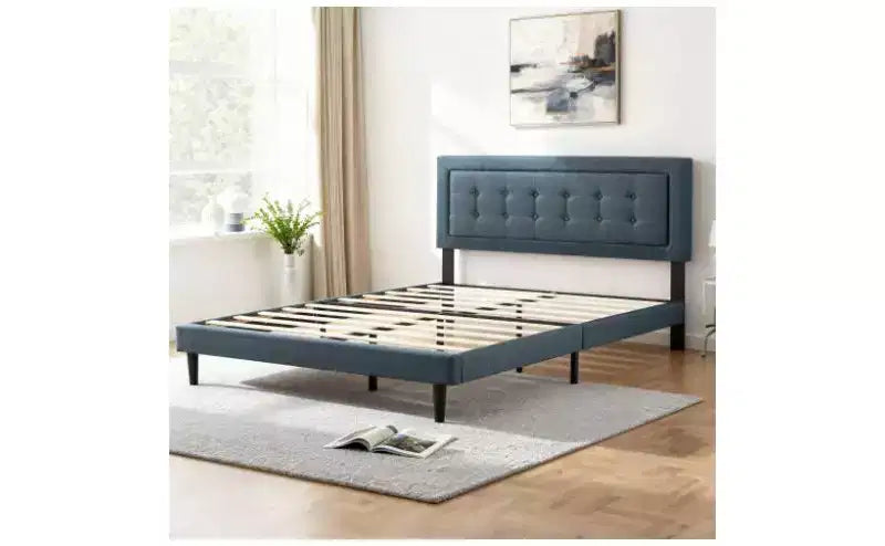 Okak Modern Queen Size Platform Bed Frame with Velvet/Linen Upholstered Headboard & Slats Support,Classic Wooden Bed for Primary Bedroom